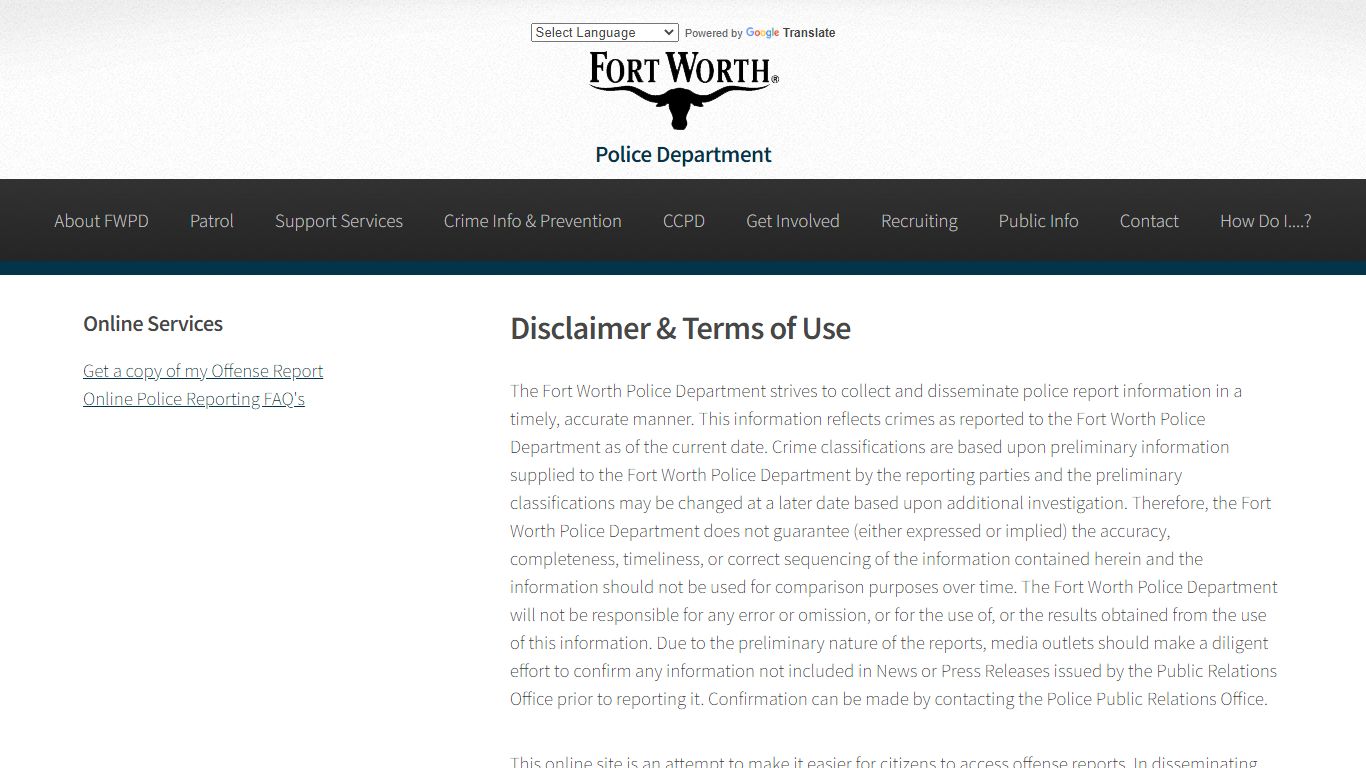 Disclaimer and Restrictions of Use - Fort Worth Police Department